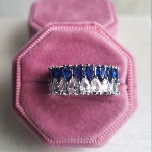 Swarovski Elements 925 Silver Sapphire Blue Teardrop Eternity Band NEW